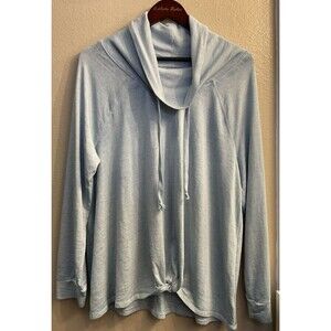 Signature Studio L Women Pullover Top Light Blue Long Sleeve Drawstring Collar